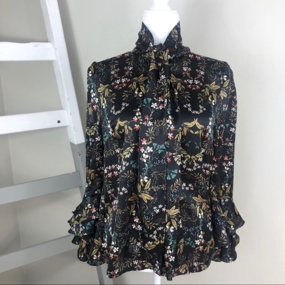 GRACIA Blouse Tie Neck Button Up Ruffle Sleeve Size M - Picture 10 of 11